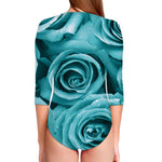 Turquoise Rose Flower Print Long Sleeve Swimsuit