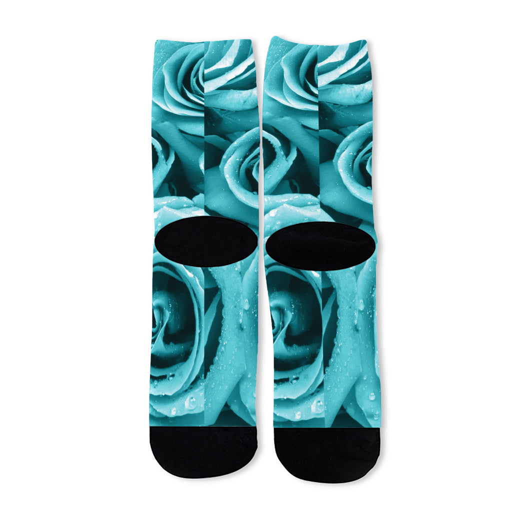 Turquoise Rose Flower Print Long Socks