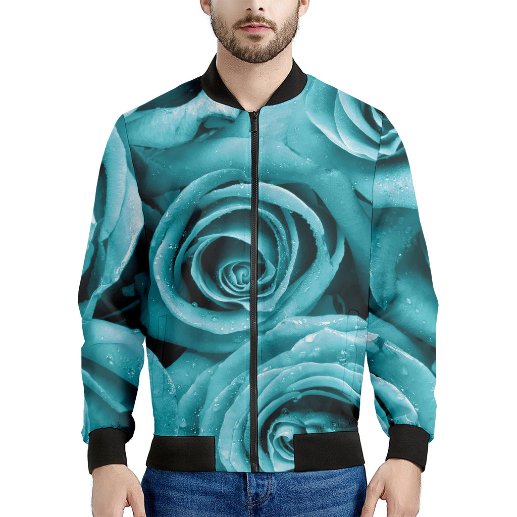 Turquoise Rose Flower Print Men's Bomber Jacket