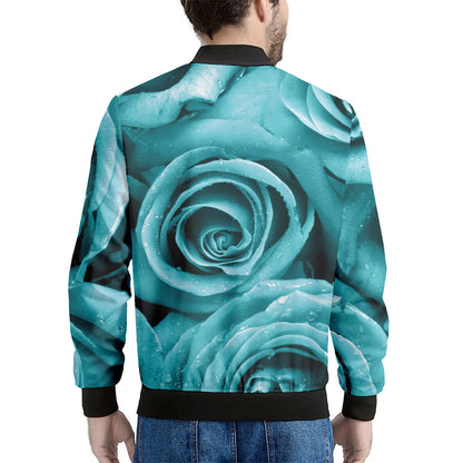 Turquoise Rose Flower Print Men's Bomber Jacket