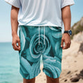 Turquoise Rose Flower Print Men's Cargo Shorts