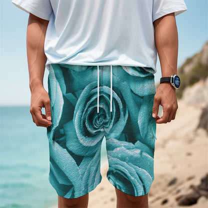 Turquoise Rose Flower Print Men's Cargo Shorts