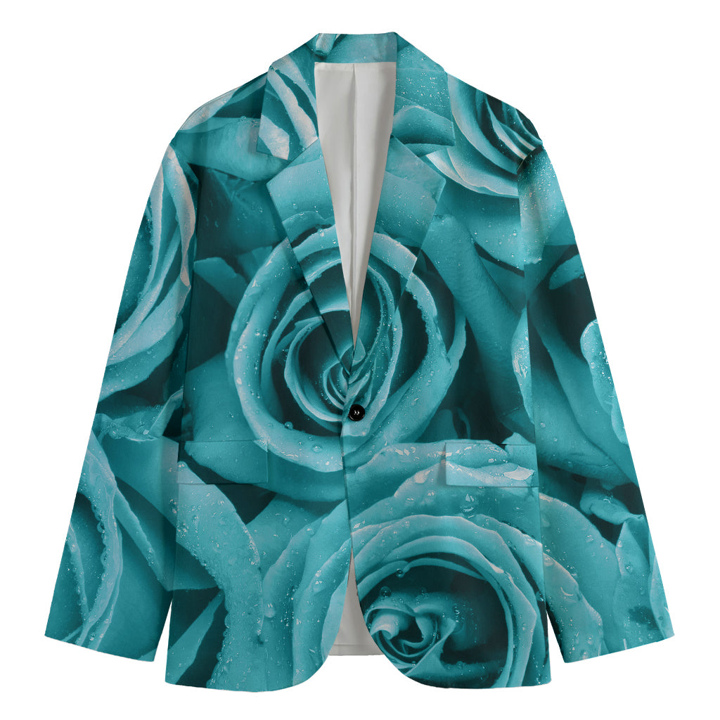 Turquoise Rose Flower Print Men's Cotton Blazer