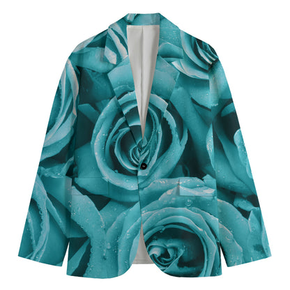 Turquoise Rose Flower Print Men's Cotton Blazer