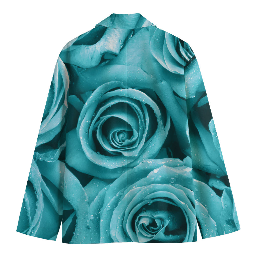 Turquoise Rose Flower Print Men's Cotton Blazer
