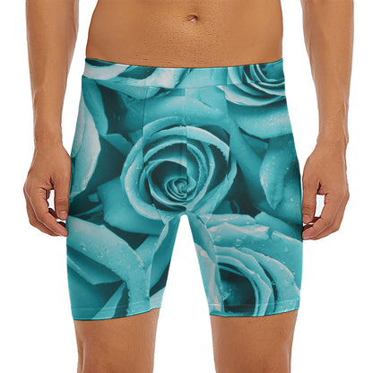 Turquoise Rose Flower Print Men's Long Boxer Briefs