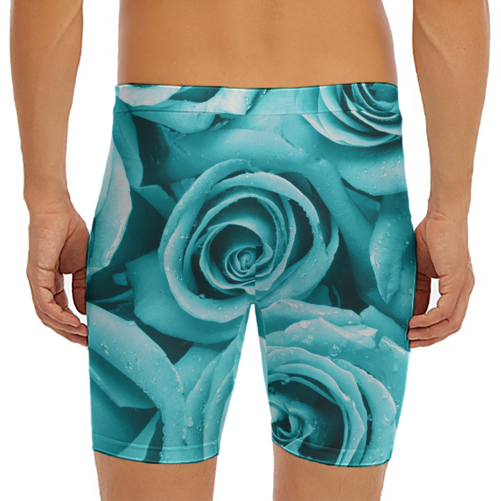 Turquoise Rose Flower Print Men's Long Boxer Briefs