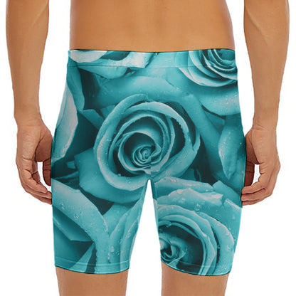Turquoise Rose Flower Print Men's Long Boxer Briefs