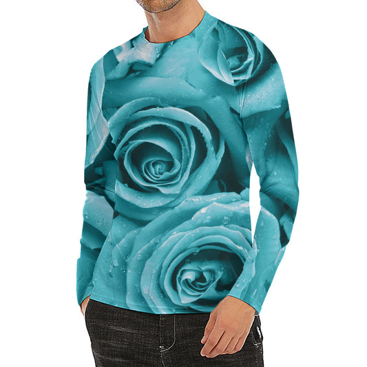 Turquoise Rose Flower Print Men's Long Sleeve Rash Guard