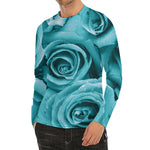 Turquoise Rose Flower Print Men's Long Sleeve Rash Guard