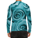 Turquoise Rose Flower Print Men's Long Sleeve Rash Guard