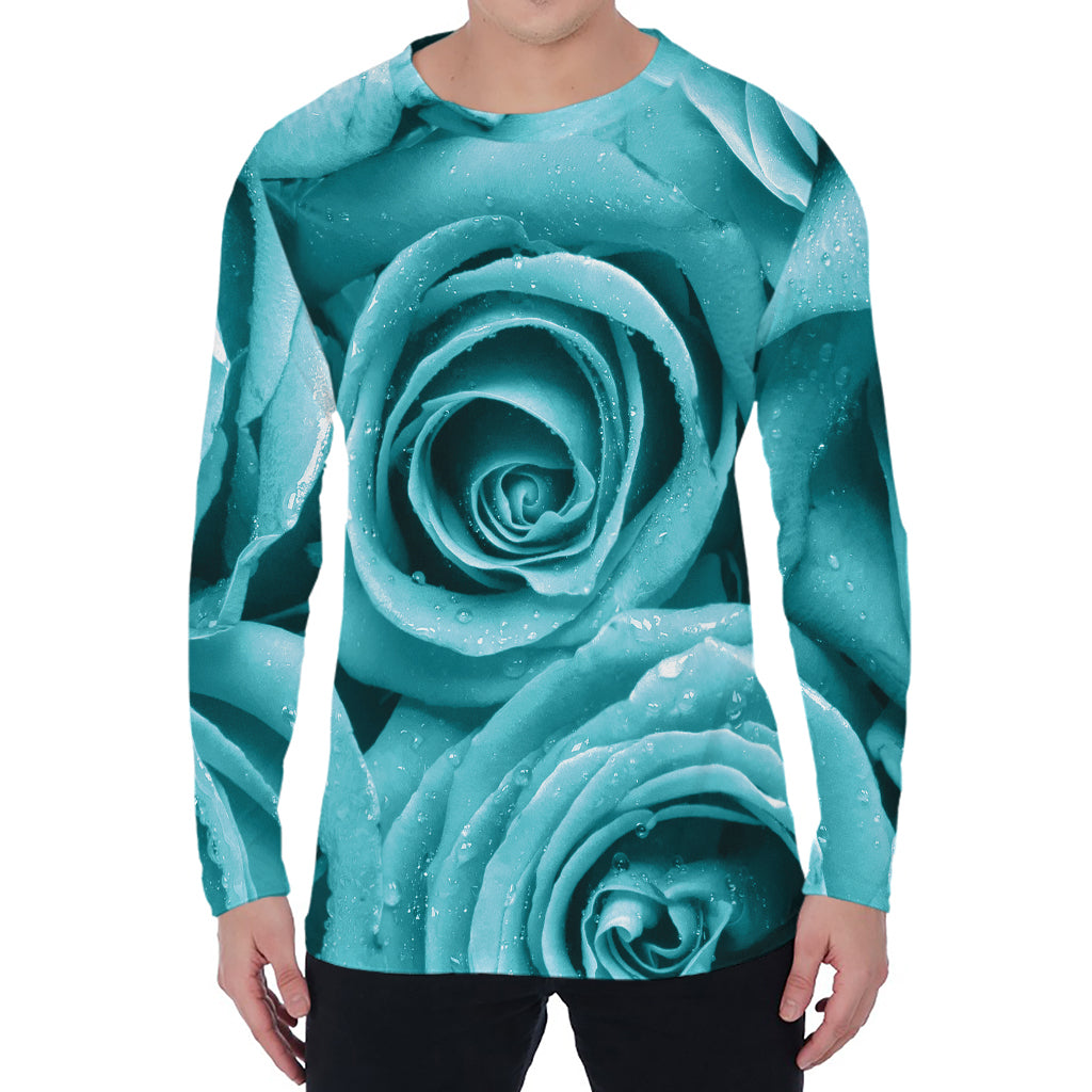 Turquoise Rose Flower Print Men's Long Sleeve T-Shirt