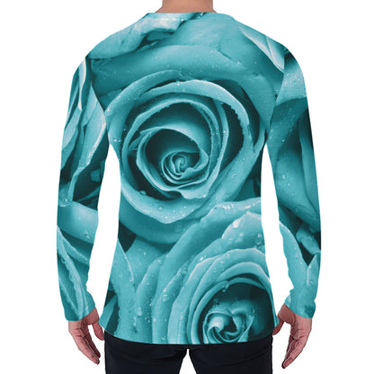 Turquoise Rose Flower Print Men's Long Sleeve T-Shirt