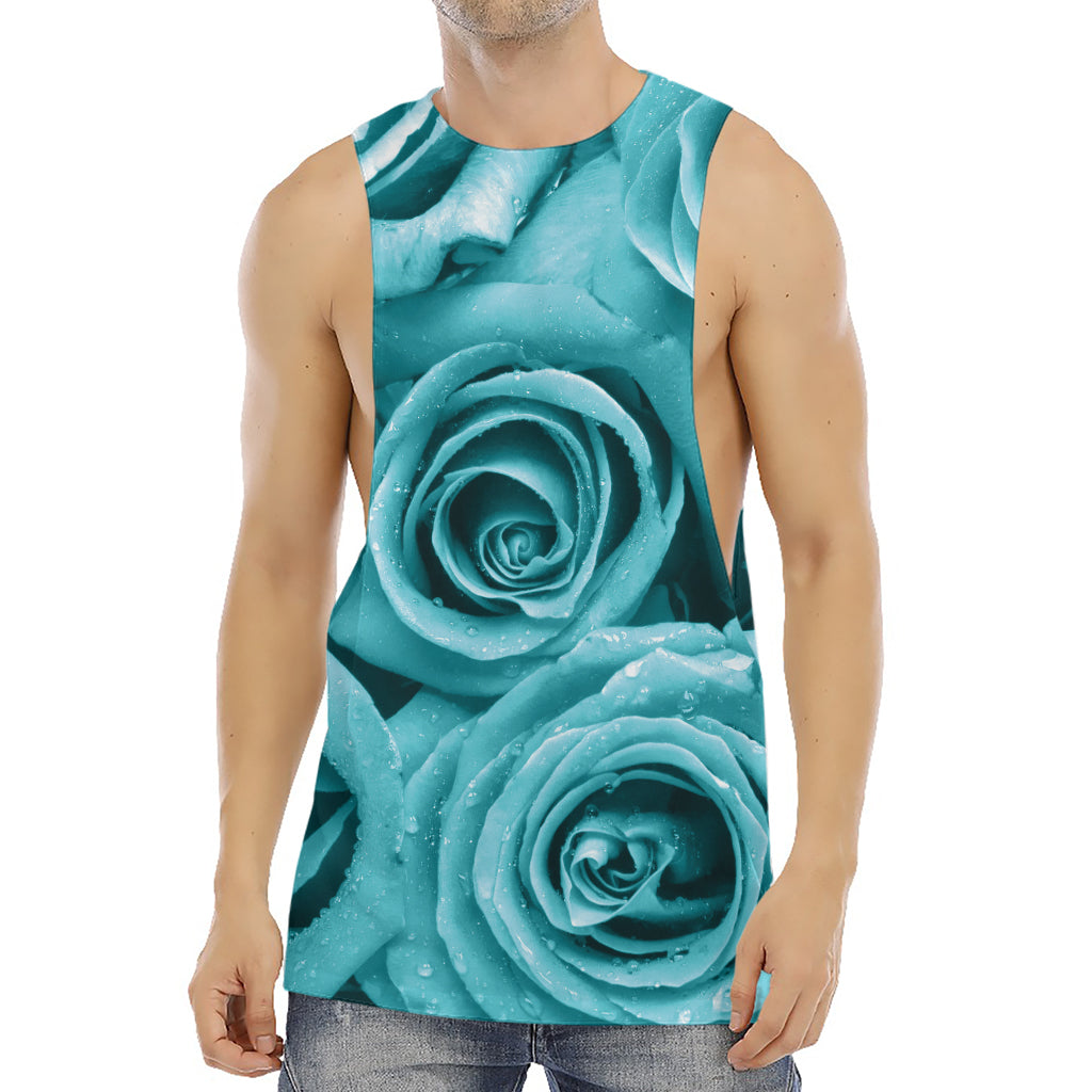 Turquoise Rose Flower Print Men's Muscle Tank Top