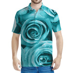 Turquoise Rose Flower Print Men's Polo Shirt