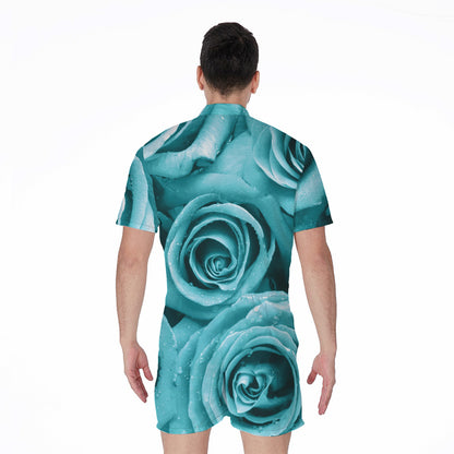 Turquoise Rose Flower Print Men's Rompers