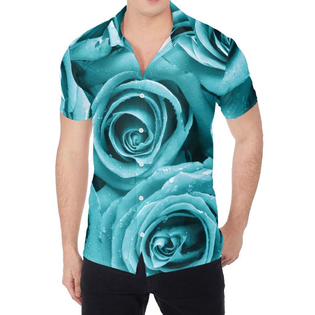 Turquoise Rose Flower Print Men's Shirt