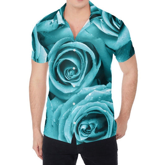 Turquoise Rose Flower Print Men's Shirt