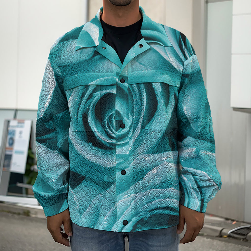 Turquoise Rose Flower Print Men's Shirt Jacket