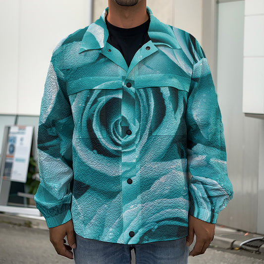 Turquoise Rose Flower Print Men's Shirt Jacket