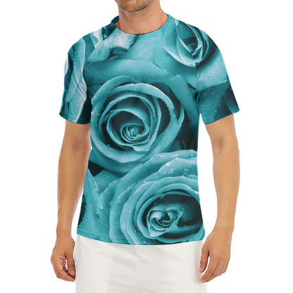 Turquoise Rose Flower Print Men's Short Sleeve Rash Guard