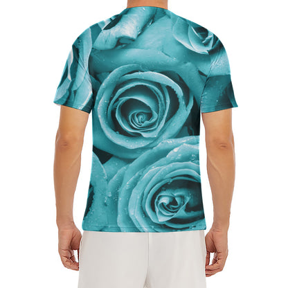 Turquoise Rose Flower Print Men's Short Sleeve Rash Guard
