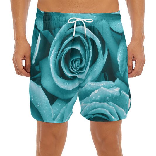 Turquoise Rose Flower Print Men's Split Running Shorts