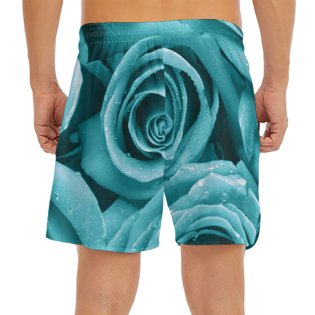 Turquoise Rose Flower Print Men's Split Running Shorts