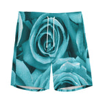 Turquoise Rose Flower Print Men's Sports Shorts