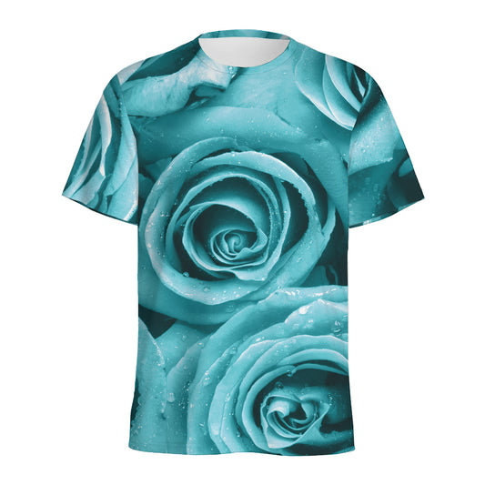 Turquoise Rose Flower Print Men's Sports T-Shirt