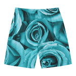Turquoise Rose Flower Print Men's Swim Trunks