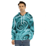 Turquoise Rose Flower Print Men's Velvet Pullover Hoodie