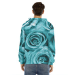Turquoise Rose Flower Print Men's Velvet Pullover Hoodie
