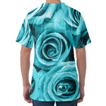 Turquoise Rose Flower Print Men's Velvet T-Shirt