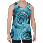 Turquoise Rose Flower Print Men's Velvet Tank Top