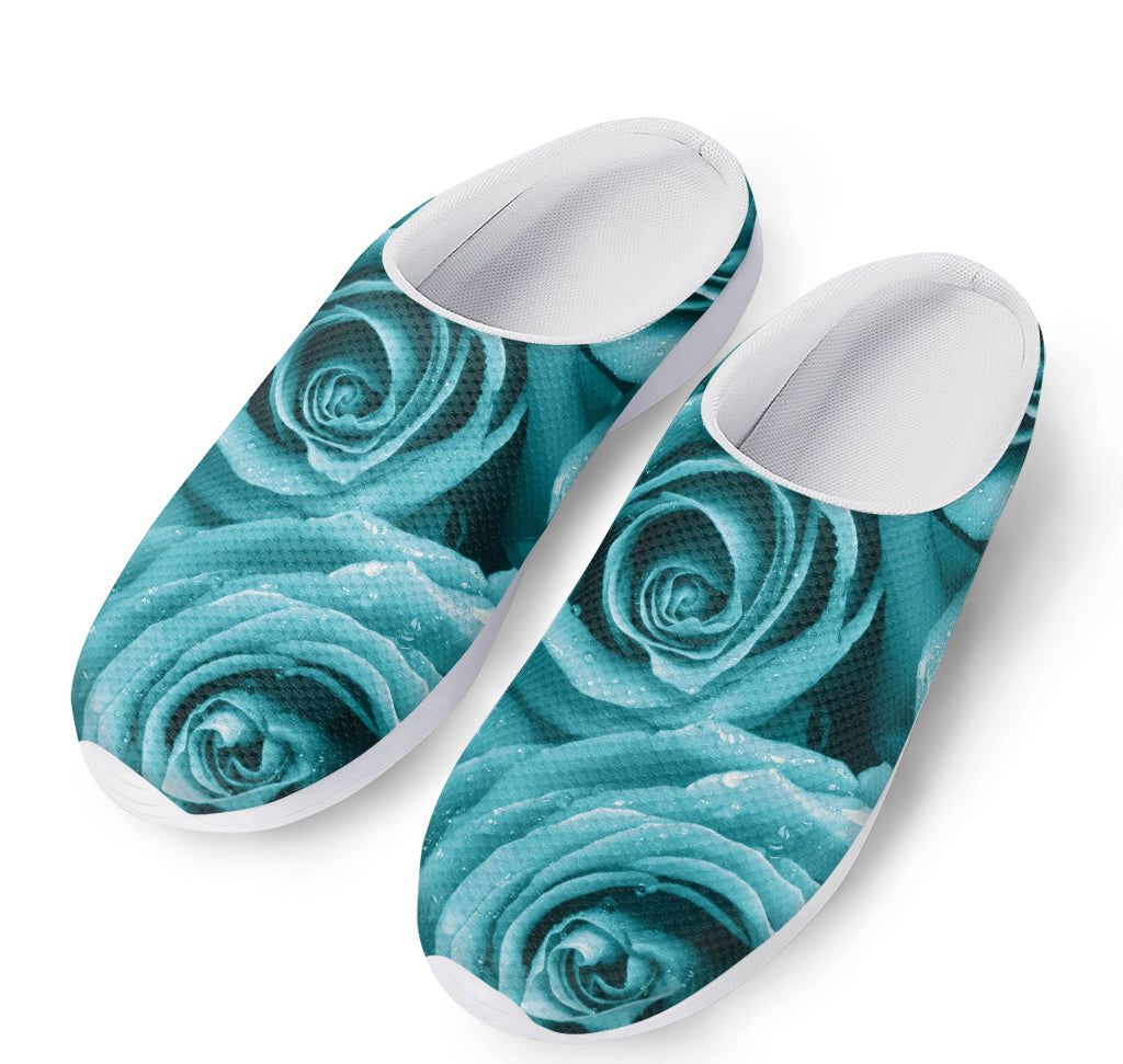 Turquoise Rose Flower Print Mesh Casual Shoes