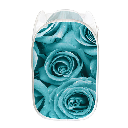Turquoise Rose Flower Print Mesh Laundry Hamper