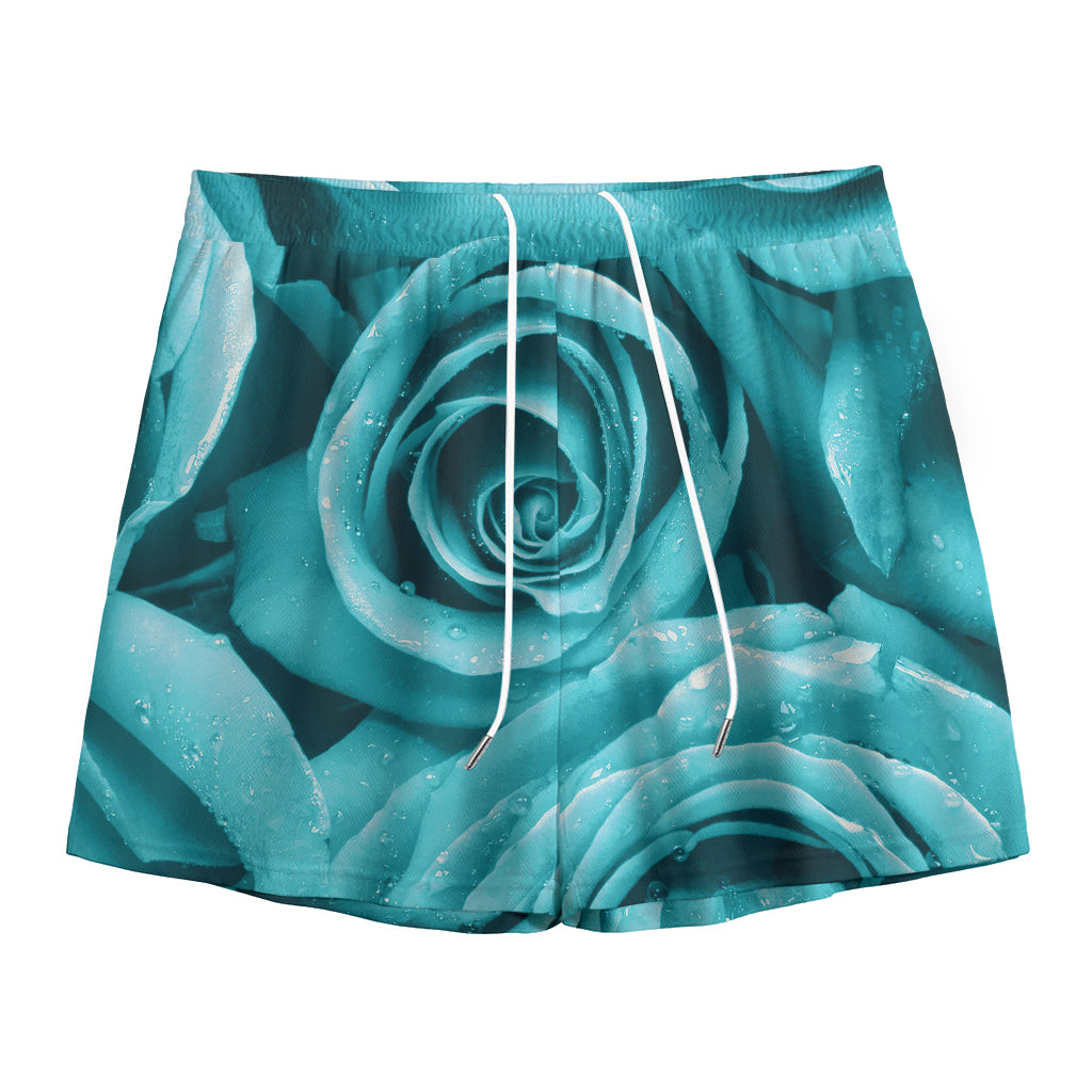 Turquoise Rose Flower Print Mesh Shorts