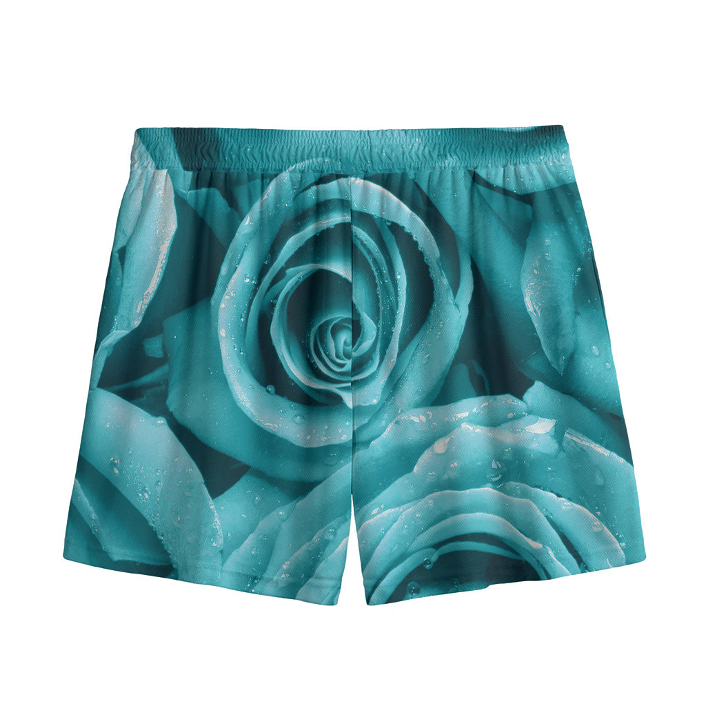 Turquoise Rose Flower Print Mesh Shorts