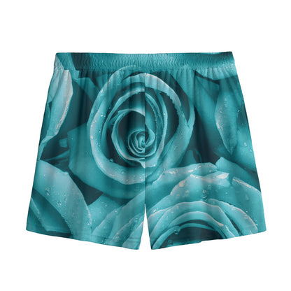 Turquoise Rose Flower Print Mesh Shorts