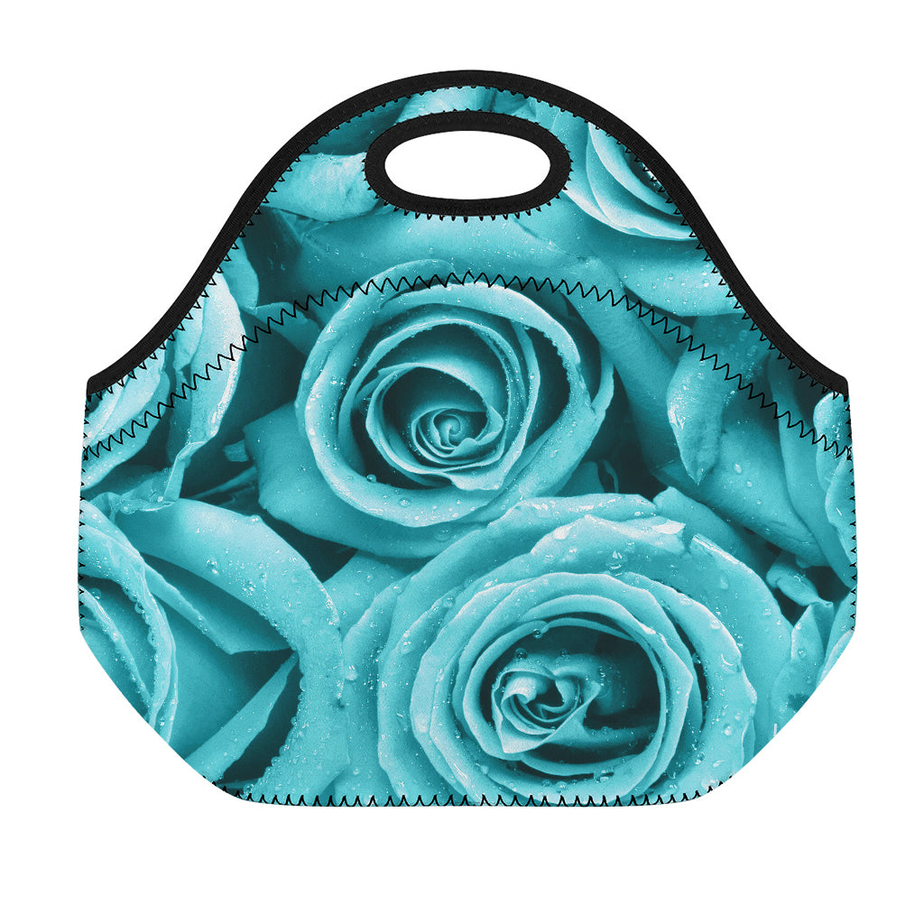 Turquoise Rose Flower Print Neoprene Lunch Bag
