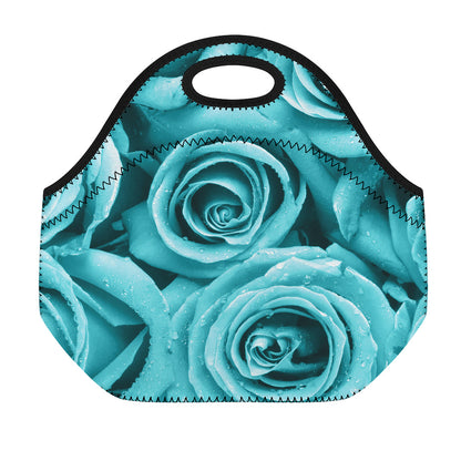Turquoise Rose Flower Print Neoprene Lunch Bag