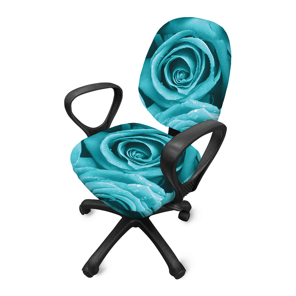 Turquoise Rose Flower Print Office Chair Cover