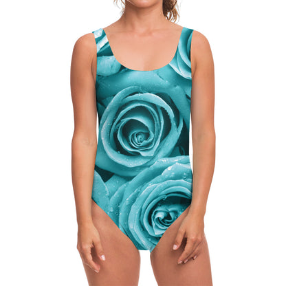Turquoise Rose Flower Print One Piece Swimsuit