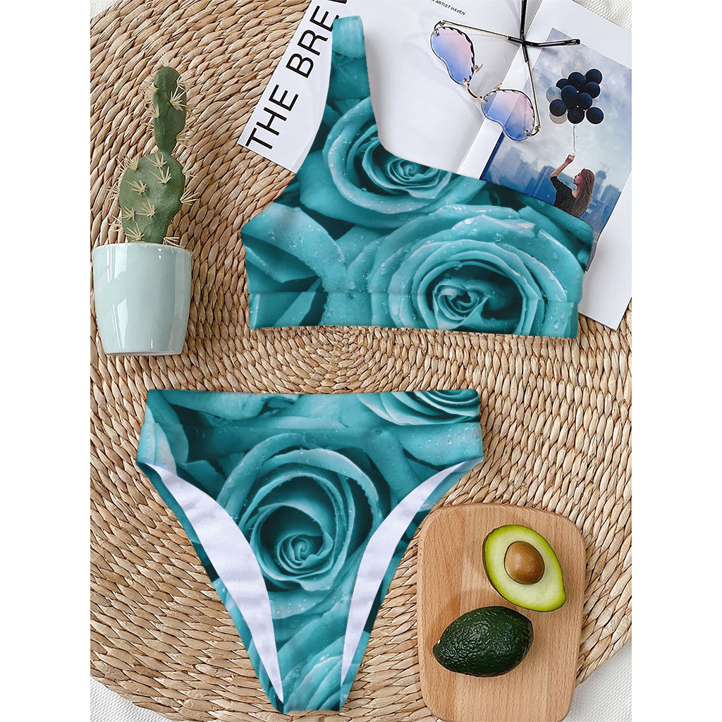 Turquoise Rose Flower Print One Shoulder Bikini Top