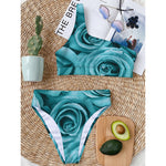Turquoise Rose Flower Print One Shoulder Bikini Top