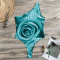 Turquoise Rose Flower Print One Shoulder Bodysuit