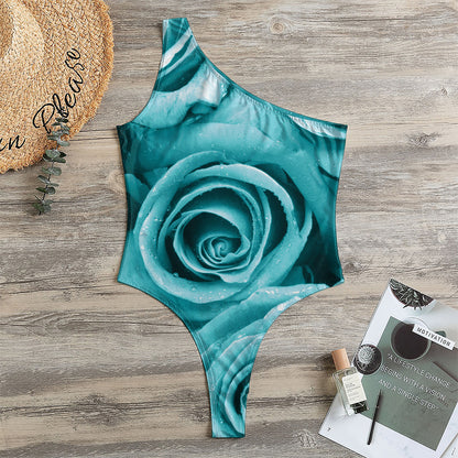 Turquoise Rose Flower Print One Shoulder Bodysuit