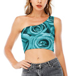 Turquoise Rose Flower Print One Shoulder Crop Top