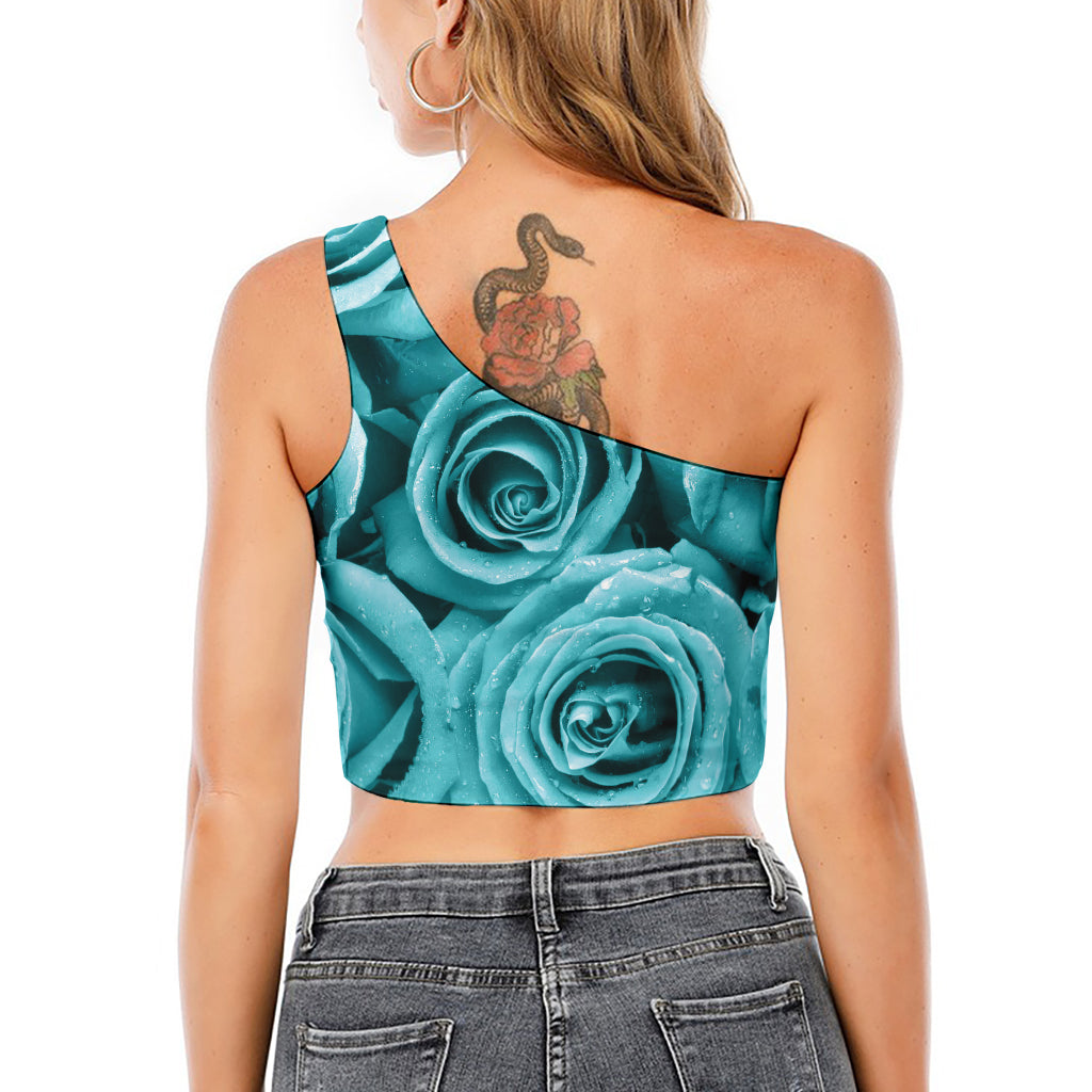 Turquoise Rose Flower Print One Shoulder Crop Top